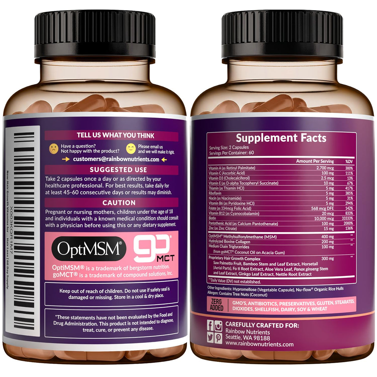 Hair Growth Vitamins for Women | Biotin 10,000mcg, Collagen, Patented OptiMSM®, goMCT®, Saw Palmetto | Naturally Supports Stronger & Healthier Hair, Skin and Nails |Non GMO + Made in USA|60 Day Supply