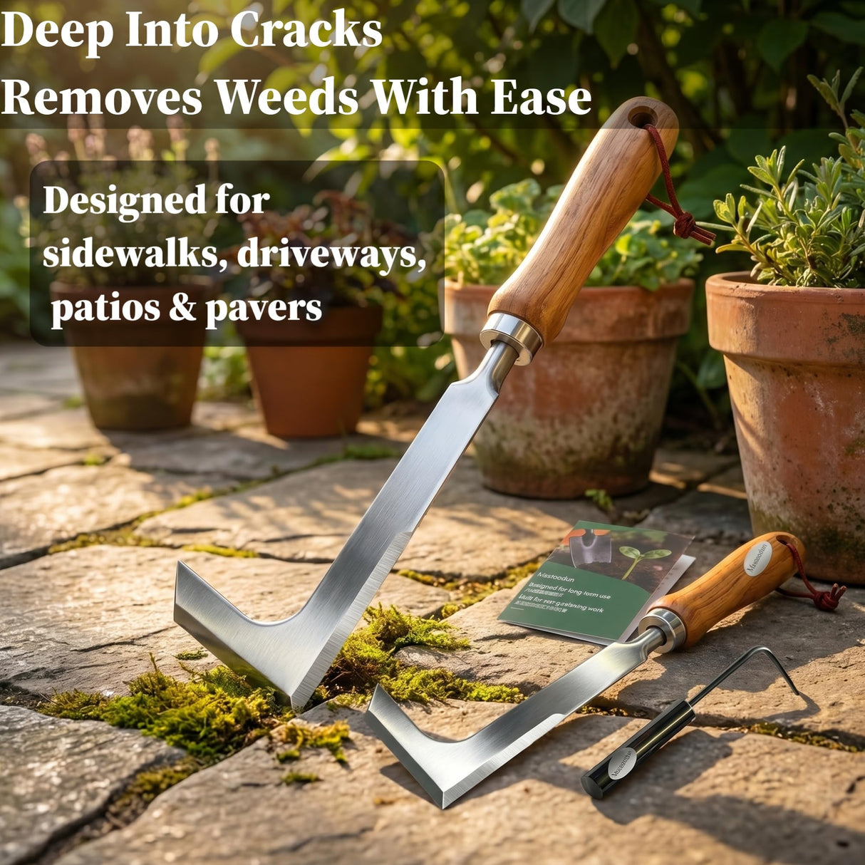Msstoodun 2 Pack Crack Weeder Tool with Bonus Root Hook, Lightweight Manual Weeding Tool for Sidewalk Cracks, Patio, Driveway & Pavers, Ergonomic Weed Remover for Grass, Moss & Small Weeds