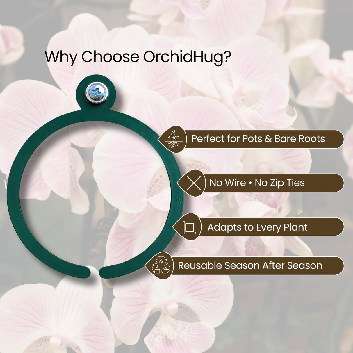 OrchidHug Universal Orchid Mounting Ring – Open Adjustable Design Fits All Orchid Sizes | Mount Orchids on Trees or Walls | Flexible Green Coated Steel with Stainless Screws | Easy Install | 4 Pack