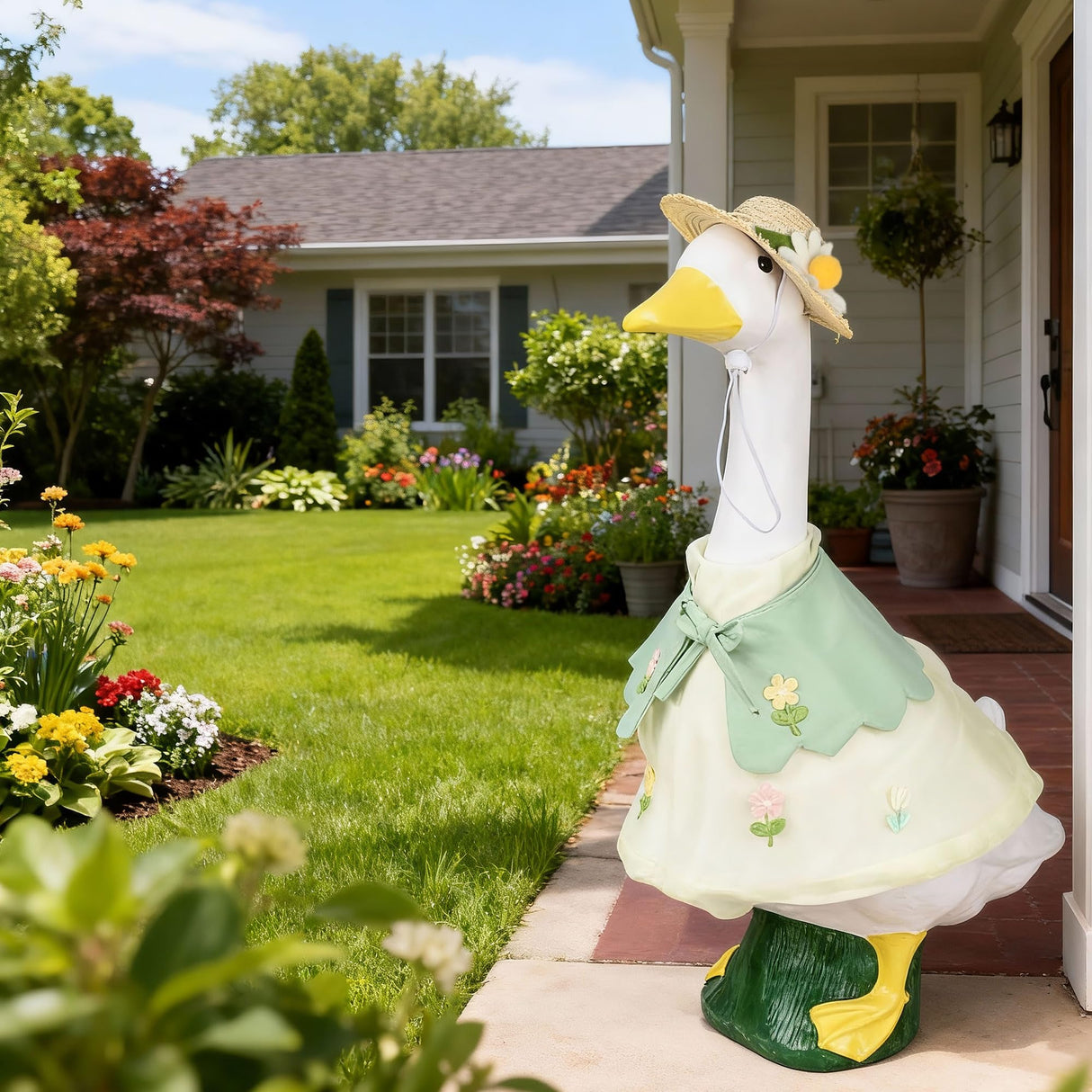 holoith 3 Pcs Summer Porch Goose Outfits for 23 inch Cement Goose Set, Outdoor Garden Statue with Gooses Outfit, Summer Garden Entrance Decoration, Includes Straw Hat, Collar, and Skirt