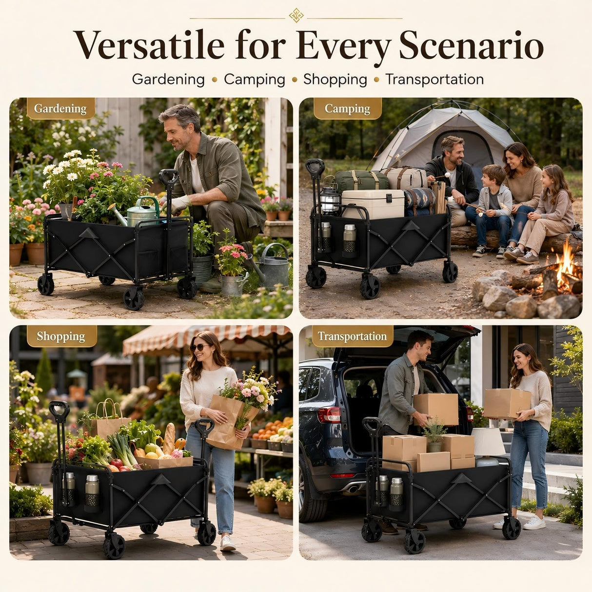Foldable Wagon Cart, Collapsible Heavy Duty Utility Wagon with All Terrain Wheels, Folding Beach Wagon for Sand, Garden, Grocery, Sports, Camping and Outdoor Use