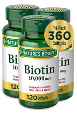 Nature's Bounty Biotin Hair Skin and Nails Vitamins, Supports Healthy Hair, Skin and Nails, 10,000 mcg, 120 Count (Pack of 3)