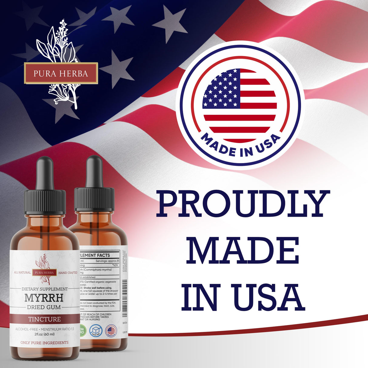 Pura Herba Organic Myrrh Liquid Extract - Alcohol-Free Tincture Drops | Non-GMO, Vegan, Gluten-Free Herbal Supplement | 2 Fl Oz | Made in USA