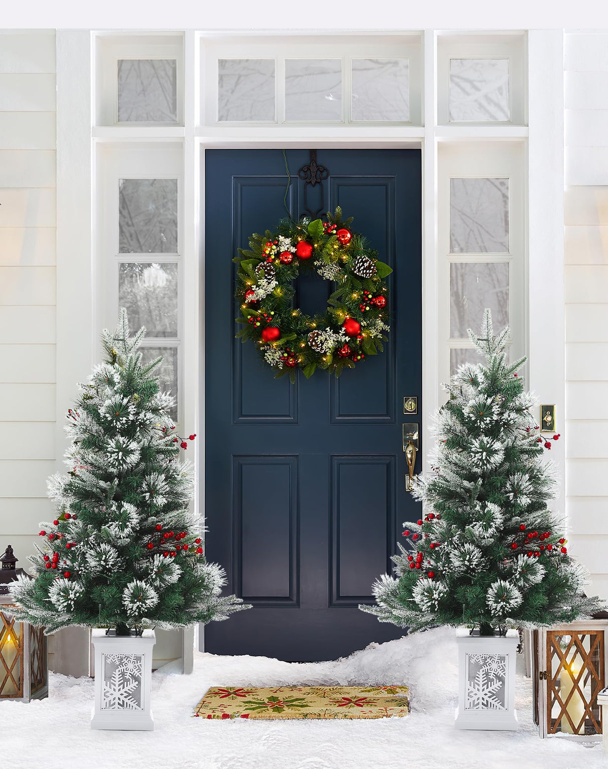 3FT Prelit Premium Snow Flocked Artificial Christmas Tree with Warm White LED, Mini Prelit Xmas Pine Tree for Christmas Decoration,Yard,Home,Office,Outdoor,Indoor,8 Mode Snowflake White Base- 1PC