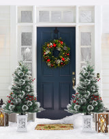 3FT Prelit Premium Snow Flocked Artificial Christmas Tree with Warm White LED, Mini Prelit Xmas Pine Tree for Christmas Decoration,Yard,Home,Office,Outdoor,Indoor,8 Mode Snowflake White Base- 1PC