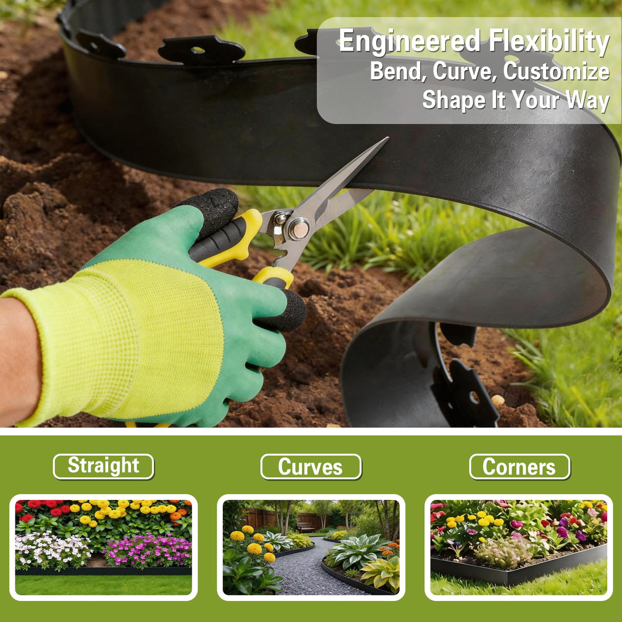 4in x 50ft No Dig Landscape Edging, Garden Edging Border with 75 Spikes, Hammer & Gloves, Tool-Free HDPE Lawn Edging Kit for Garden Yard Flower Beds Pathway Landscaping Project