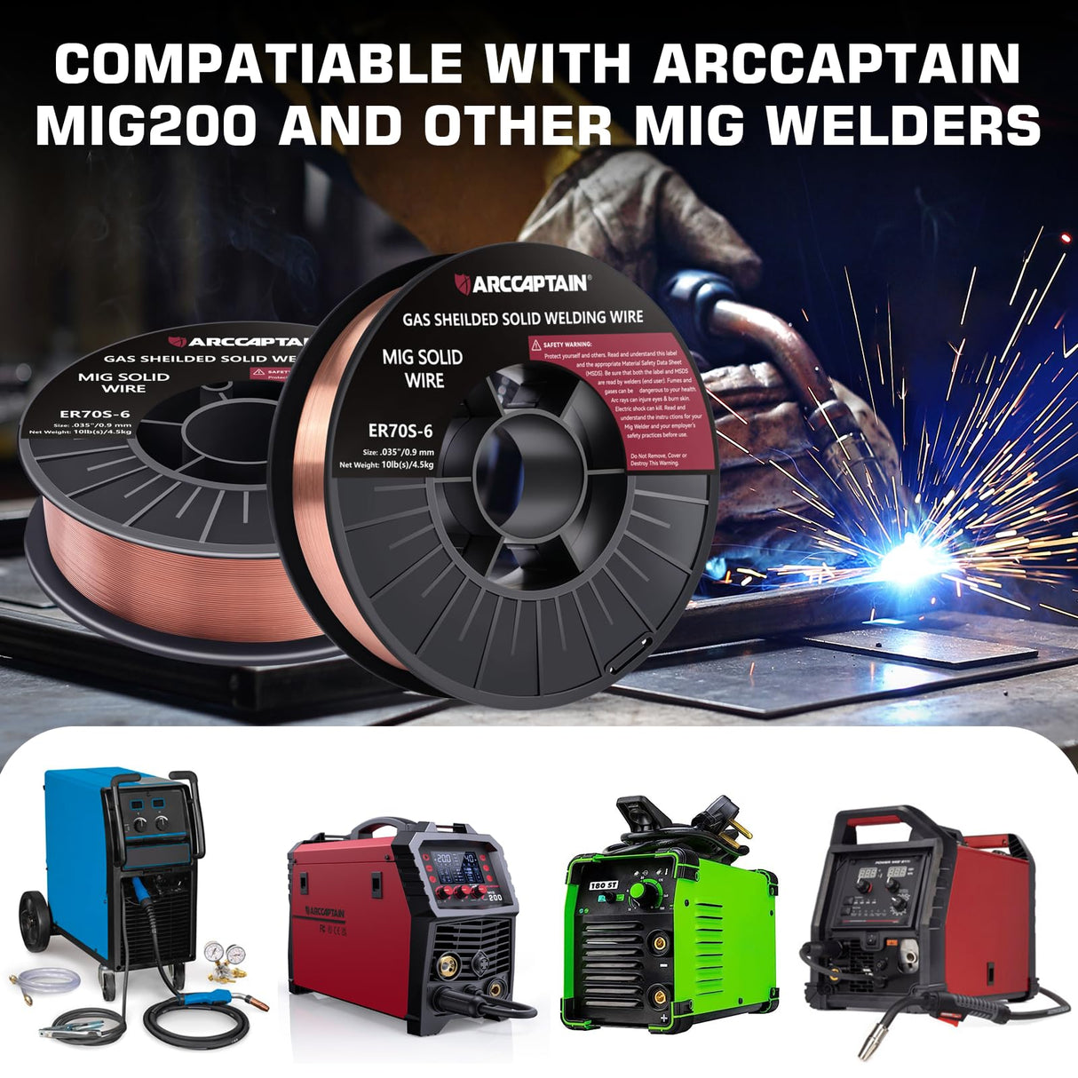 ARCCAPTAIN Mig Welding Wire, 0.035 10Lb Mig Wire ER70S-6 10Lbs Gas Solid Carbon Steel Low Splatter Mig Welding Wire Compatible With Lincoln Miller Forney Harbor Welder 0.09 4.5KG