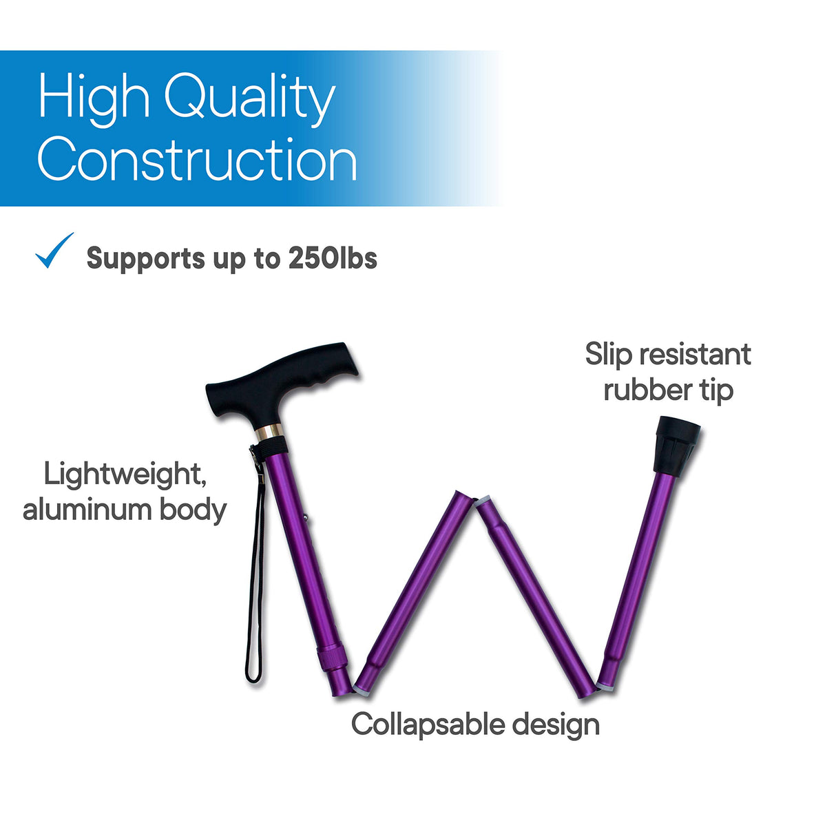 RMS Folding Cane - Foldable, Adjustable, Lightweight Aluminum Offset Walking Cane - Collapsible Walking Stick with Ergonomic Derby Handle - Ideal Daily Living Aid for Limited Mobility (Lavender)