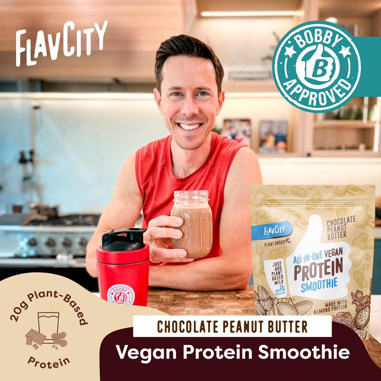 FlavCity Vegan Protein Powder - Chocolate Peanut Butter - 20g Almond, Plant Based Protein Powder - Dairy-Free Shake - With Organic Fruit, Reishi & Cordecyps Mushrooms - No Blender Needed (15 Servings)