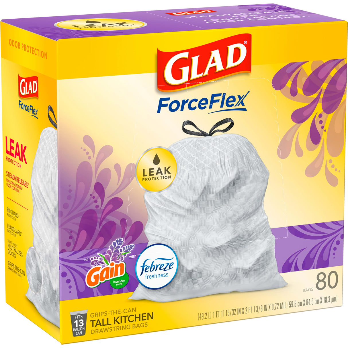 Glad Tall Kitchen Trash Bags 13 Gallon, Gain Lavender Garbage Bags, Odorshield with Drawstring, 80 Count