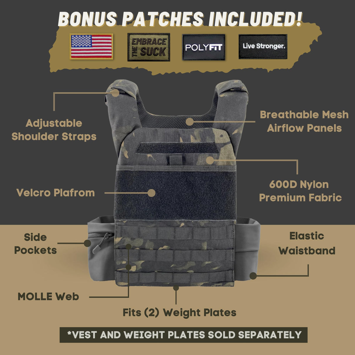 Polyfit (Fortify) Weighted Vest for Strength and Endurance Training, Fitness Workouts, Running, WODs - Multicam Black