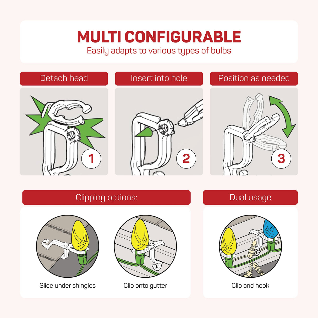 All-Purpose Holiday Light Clips [Set of 600] Christmas Light Clips, Outdoor Light Clips - Mount to Shingles & gutters - Works with Mini, C6, C7, C9, Rope, Icicle Lights - No Tools Required - USA Made