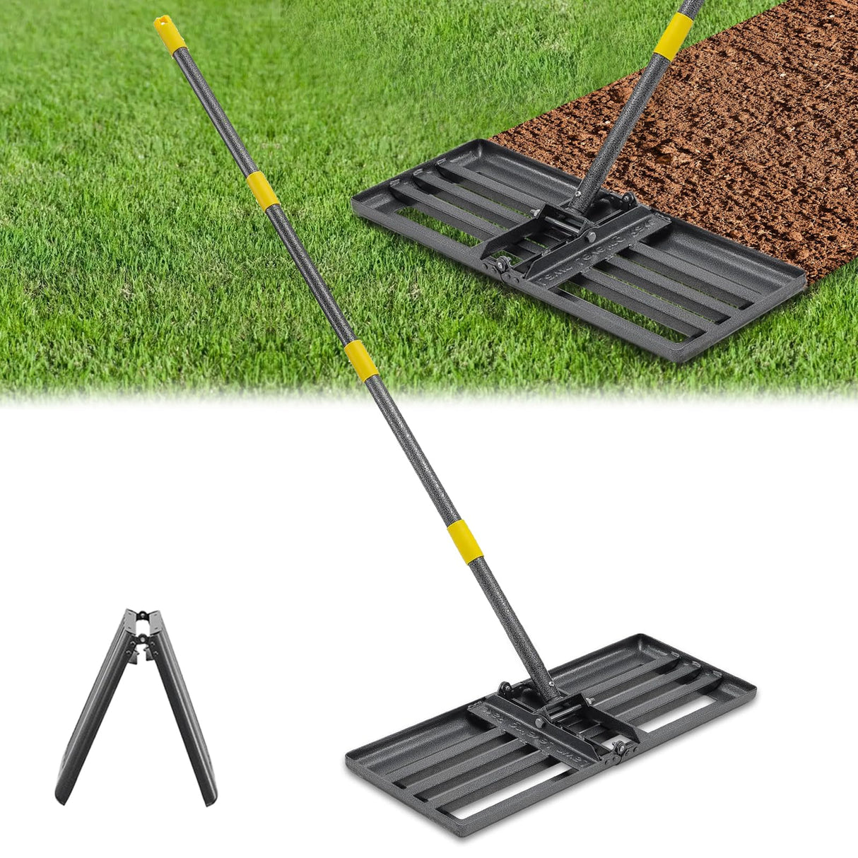 Lawn Leveling Rake, Heavy Duty 30"x10" Foldable Leveler Plate, 5FT Adjustable Stainless Steel Leveling Rake, Reinforced Welds Level rake for Soil, Dirt, Ground, Yard, Top Dressing, Landscaping