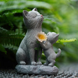 QZFFZQ Solar Cat Garden Statue Outdoor Decor - Mother & Kitten Figurines with Flower LED Light, Outside Yard Art Patio Balcony Lawn Ornament, Unique Gifts for Cat Lover
