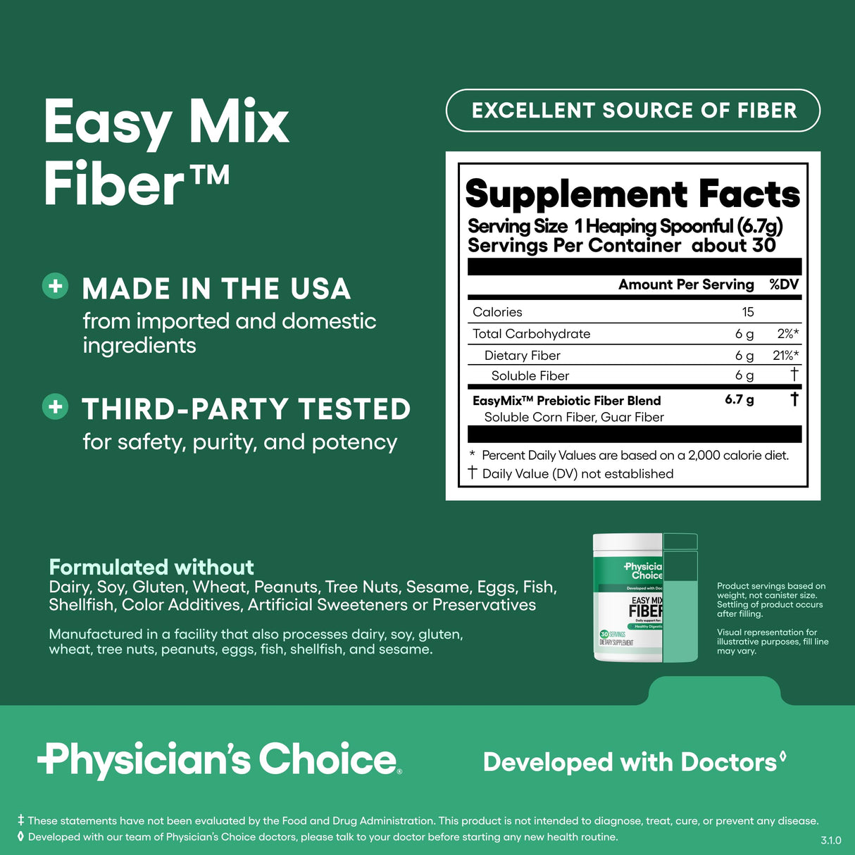 Physician's CHOICE Easy Mix Fiber for Digestive Health & Regularity - No Grit, Sugar Free, & Tasteless - Daily Prebiotic Soluble Fiber Powder Supplement for Women and Men - Unflavored - 7.1oz