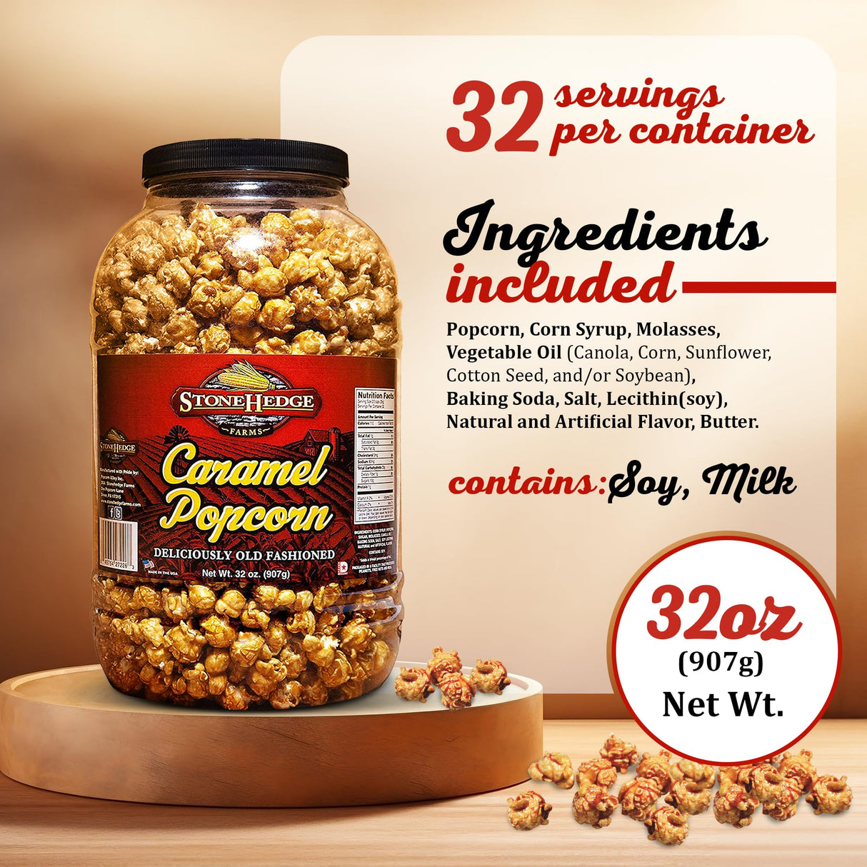 Stonehedge Farms Caramel Flavored Popcorn | 32 oz Large Tub | Perfect for Holidays and Christmas | Bulk Gourmet Popped Sweet Snacks | Made in the USA