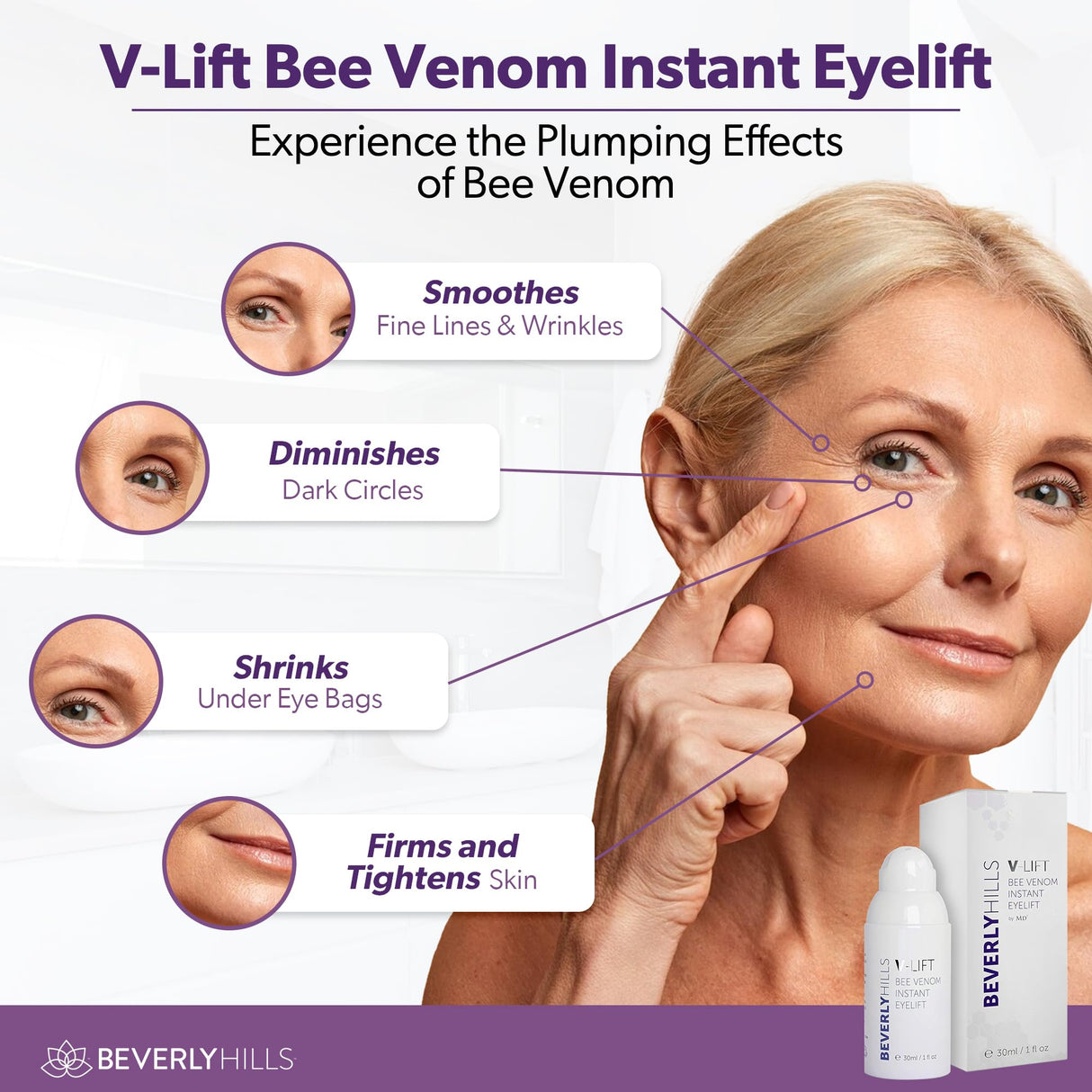 Beverly Hills V-Lift Instant Eye Lift and Eye Tuck Bee Venom Serum for Puffy Eyes, Dark Circles, Wrinkles, and Under Eye Bags Treatment for Women and Men | 30mL (120 Day Supply)