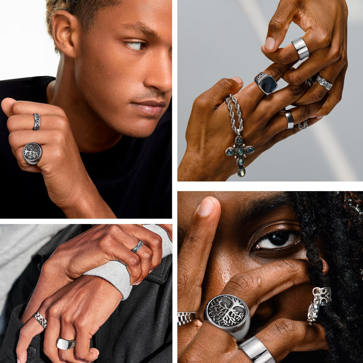MEDOJO 10 Pcs Men's Stainless Steel Vintage Signet Ring Square Pinky Thumb Chunky Thin Band Ring Vintage Biker Band Rings Set 10