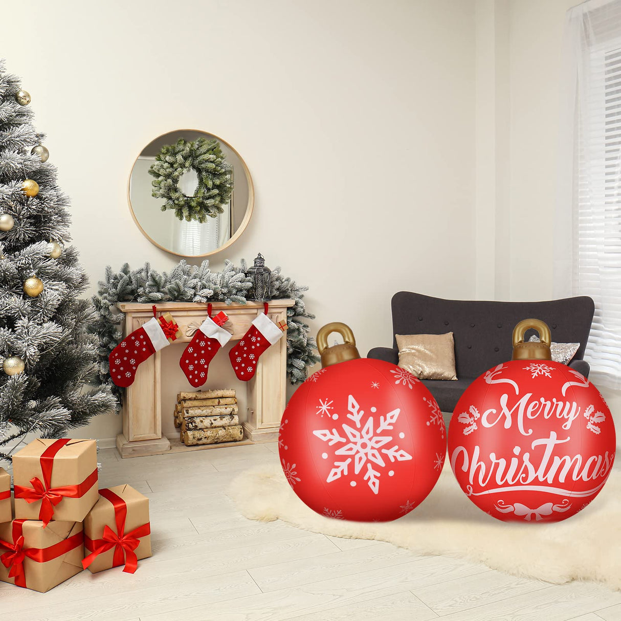 Jetec 4 Pcs 32 Inch Giant Inflatable Christmas Ball Large Xmas Inflatable Ornaments PVC Outdoor Holiday Blow Ball Outside Yard Lawn Porch Decorations(Mixed Red Green,Classic)