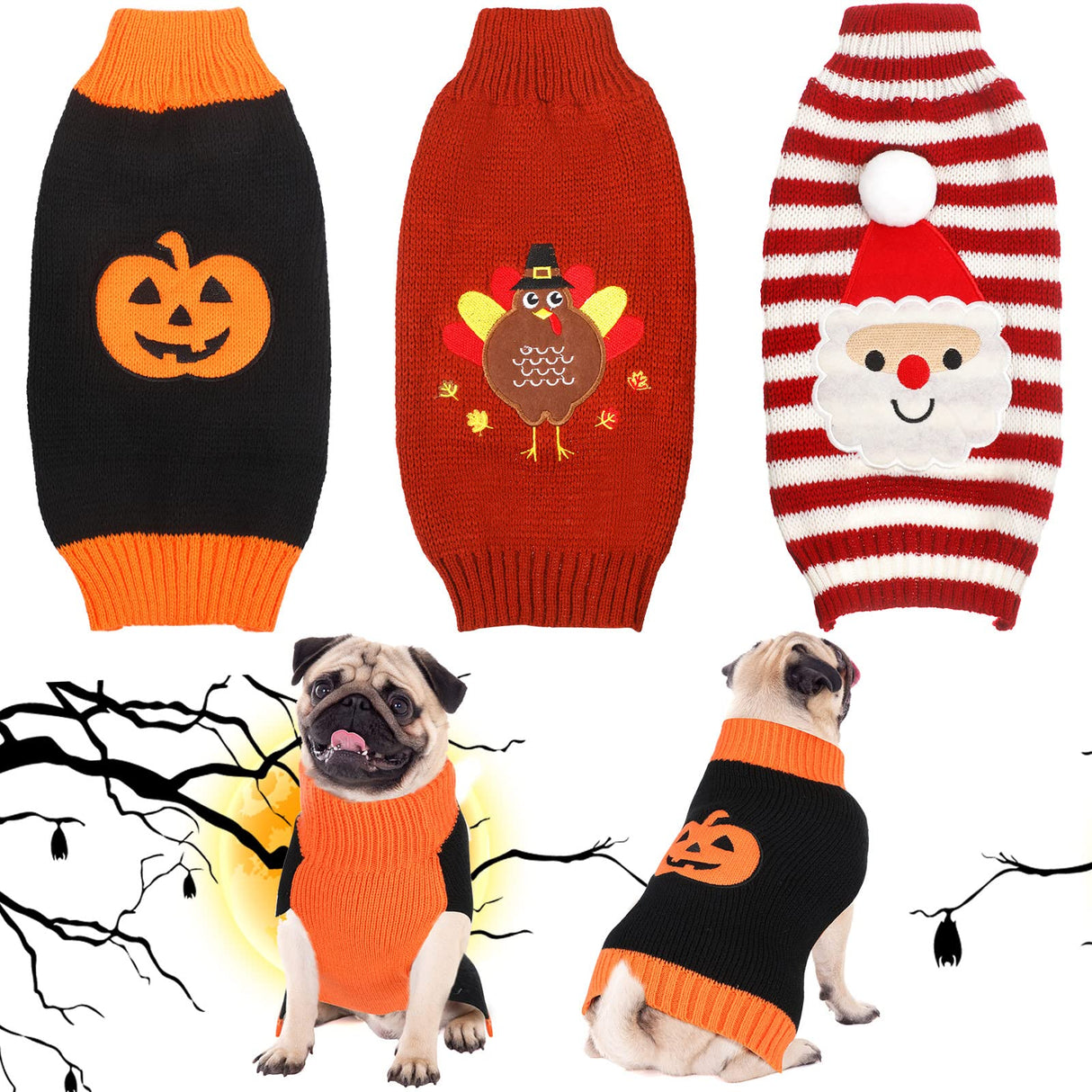 Sanwuta 3 Pieces Halloween Thanksgiving Christmas Dog Sweaters Sets Pumpkin Turkey Santa Puppy Dog Clothes Pet Knitwear for Puppy Doggie Cat Pet Costume (Medium)