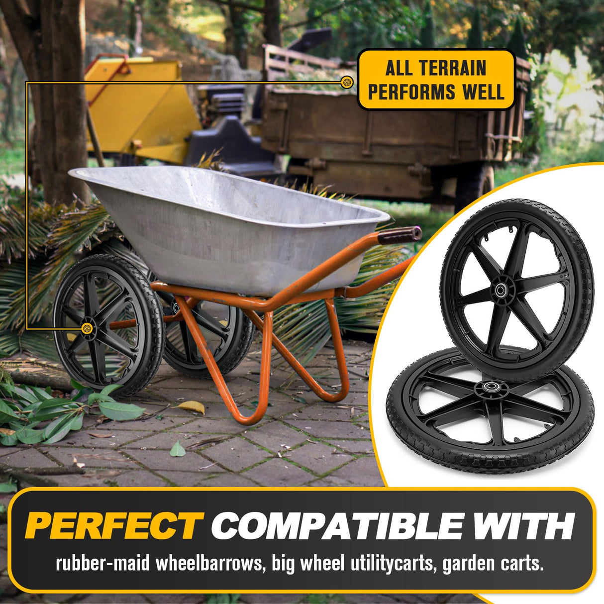20" Flat Free Wheels Compatible with rubbermaid Wheelbarrow Tires (5/8 inch bearing)