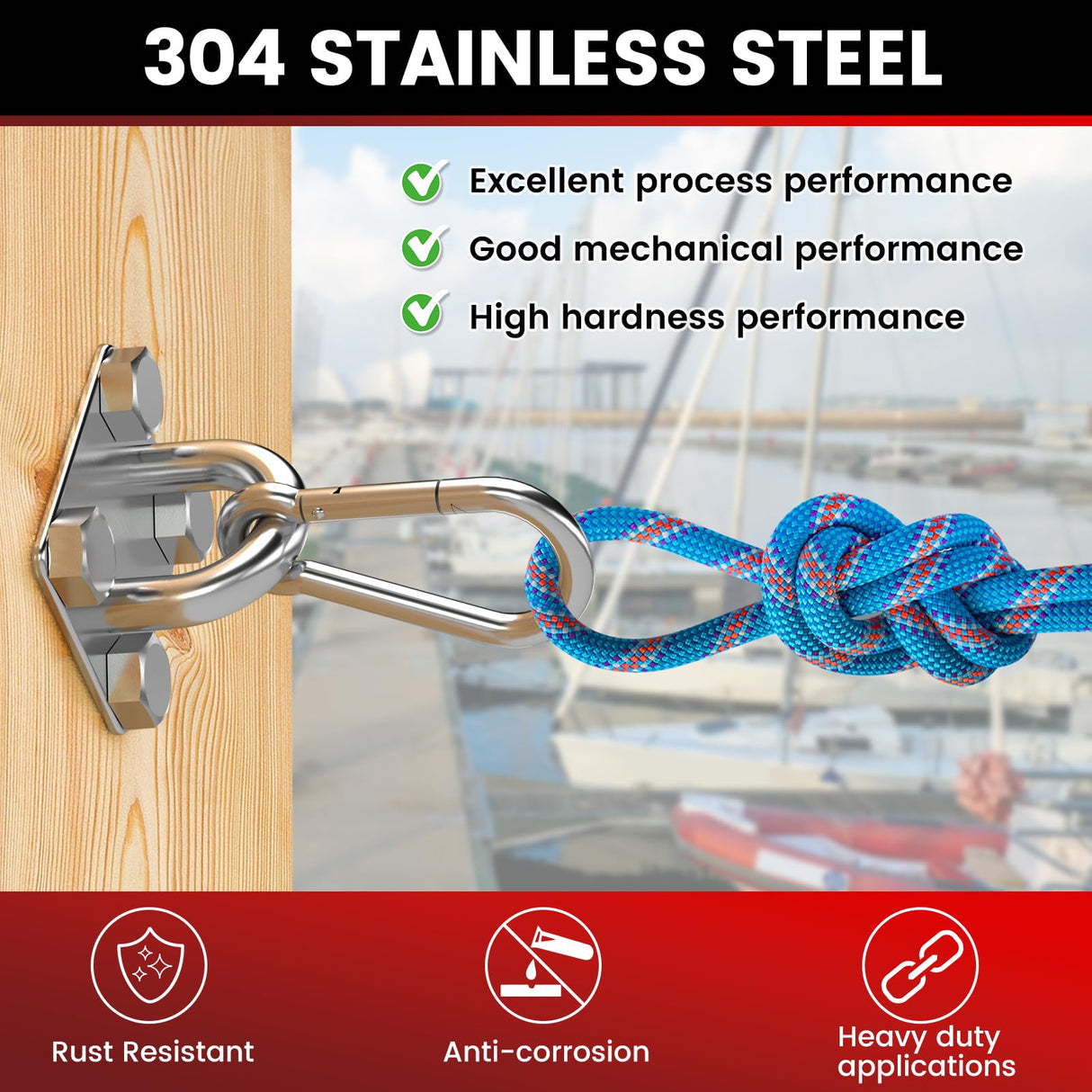 sprookber 304 Stainless Steel Pad Eye Snap Hooks, M10 Heavy Duty Ceiling Hooks, 1700lb Capacity Hammock Swing Hanging kit, Plant Hangers, Marine Hardware Staple Hook Loop with Screws, Set of 8