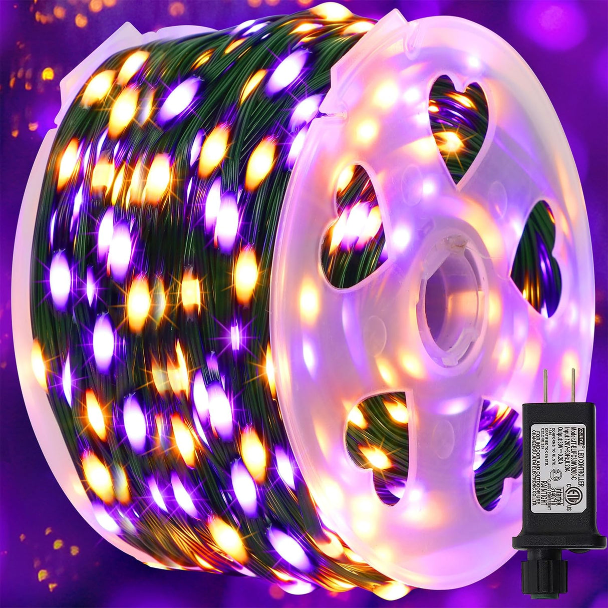 WATERGLIDE Extra Long 328FT Halloween Lights, 1000 LED Outdoor Fairy String Lights, Green PVC Copper Wire Christmas Light, Plug in 8 Modes & Waterproof for Tree Party Home Yard Decor, Orange&Purple
