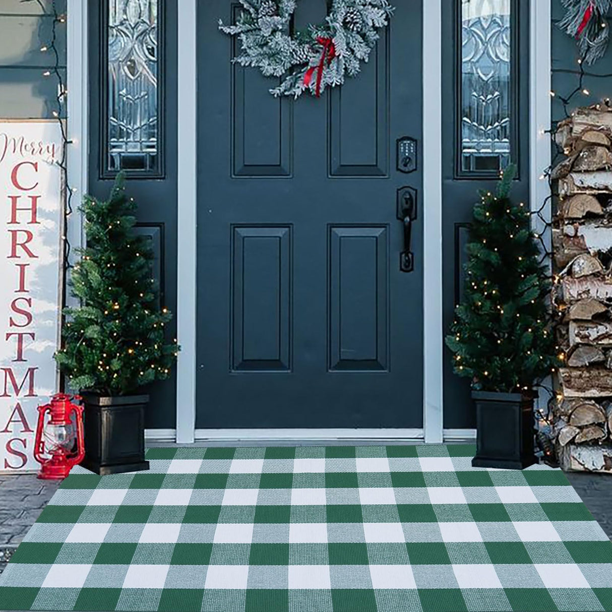 Christmas Outdoor Mat Buffalo Plaid Christmas Decor Rug Cotton Hand-Woven Layered Door Mats Washable Carpet for Front Porch, Kitchen, Farmhouse, Entryway