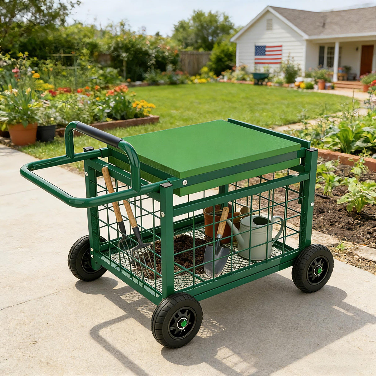 Extra-Large Rolling Garden Cart and Kneeler, 4-in-1 Garden Seat with Wheels