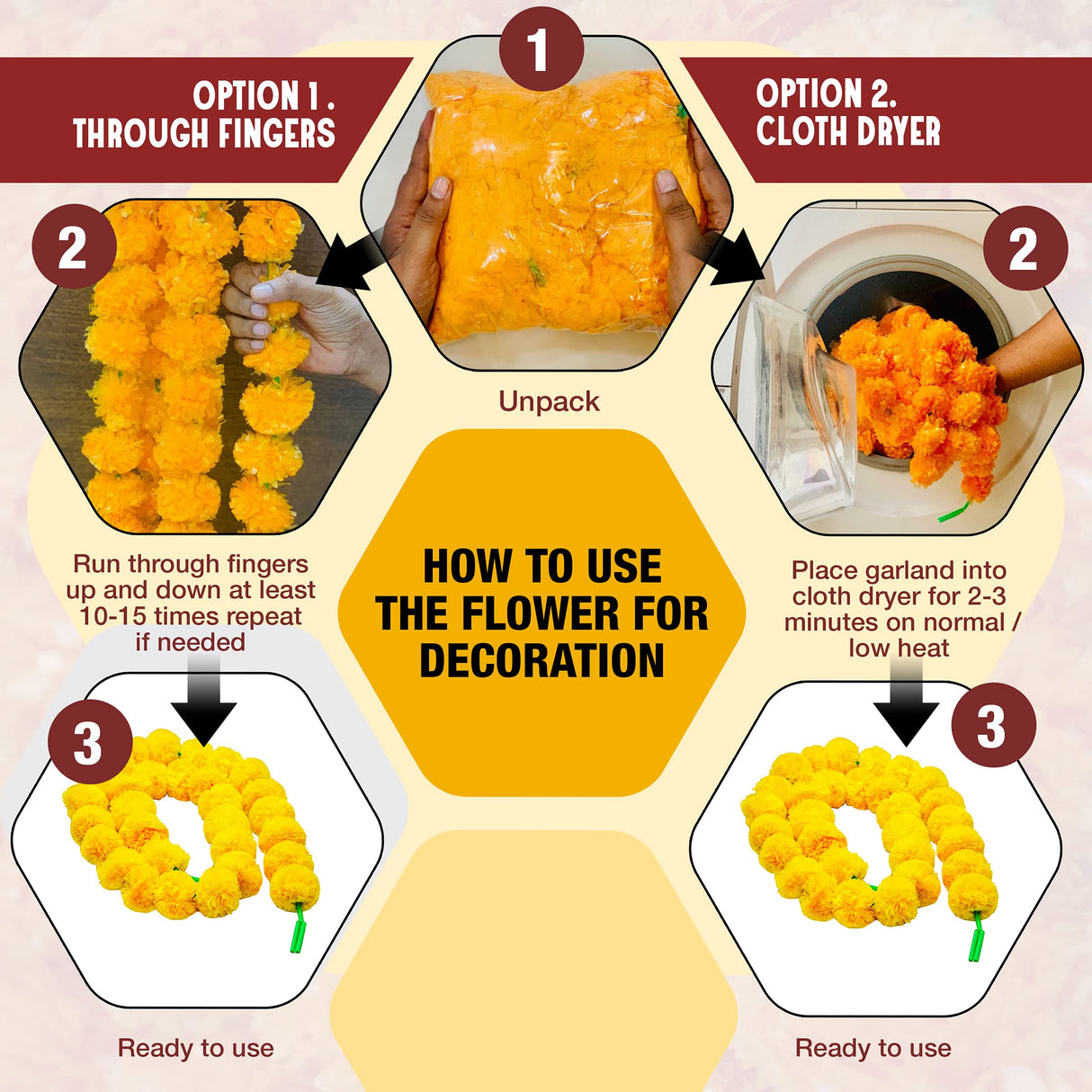 DIYANA IMPEX Marigold Garland for Decoration 5 Pcs of 5 feet Long Strands Artificial Marigold Flowers with Bell, Indian Décor for Pooja/Diwali Decorations/Christmas (Orange + Yellow)