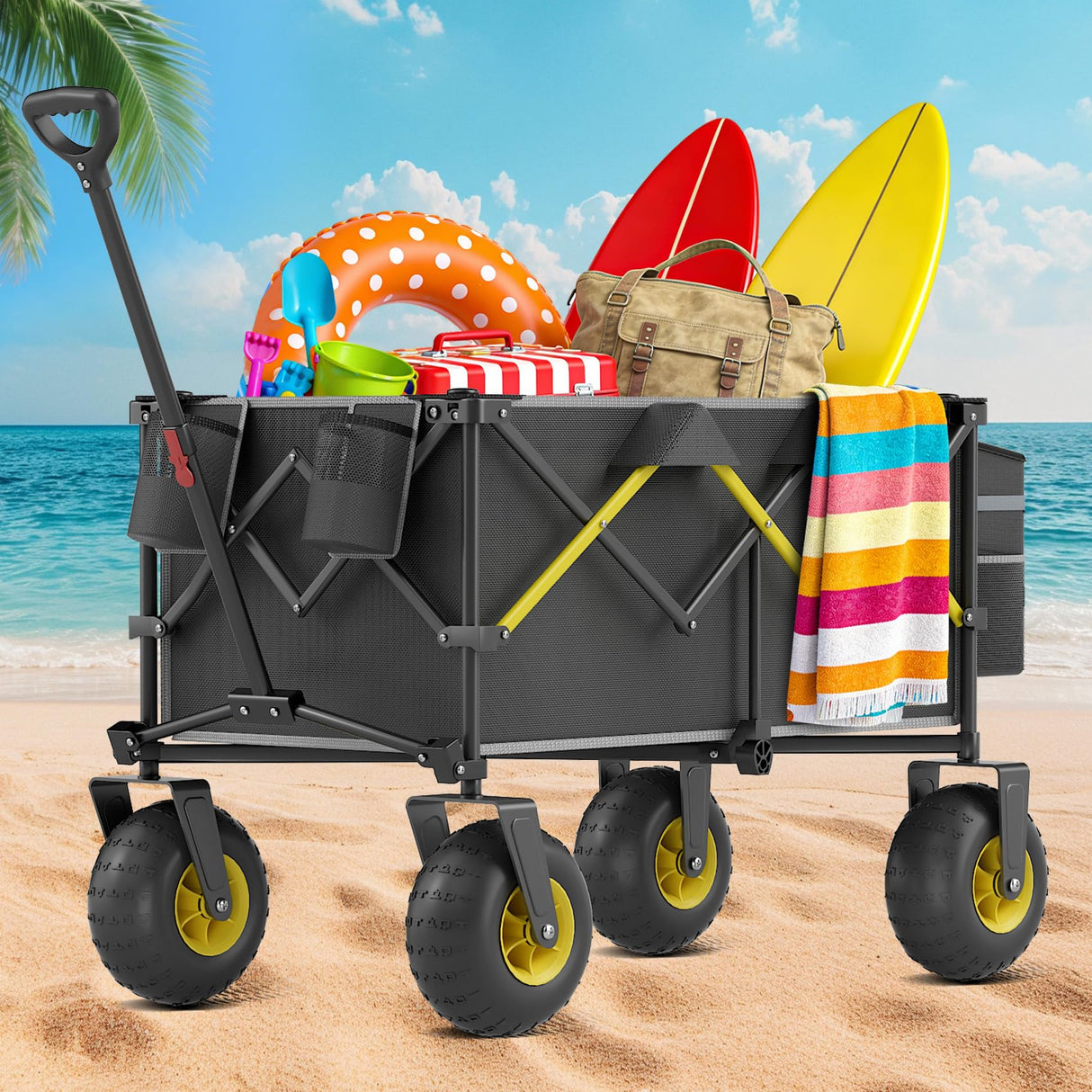 CAtArt Beach Wagon with Big Wheels for Sand, 400LBS Foldable Wagons Carts