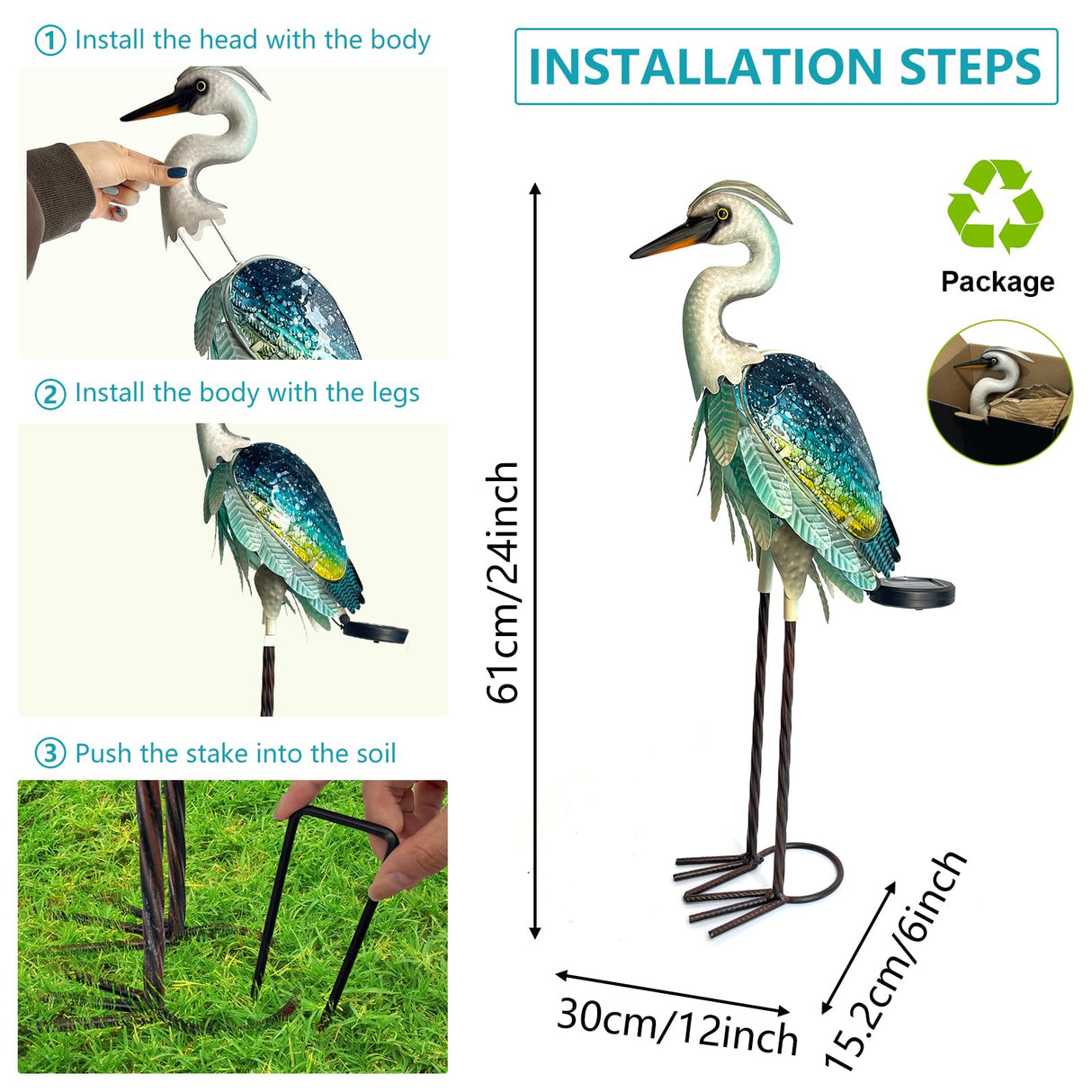 HONGLAND Solar Heron Metal Crane Statue Garden Heron Sculpture, Glass Outdoor Crane Yard Art Coastal Ocean Bird Decor 24 Inch Lawn Ornament for Backyard Porch Patio Decor（Green）
