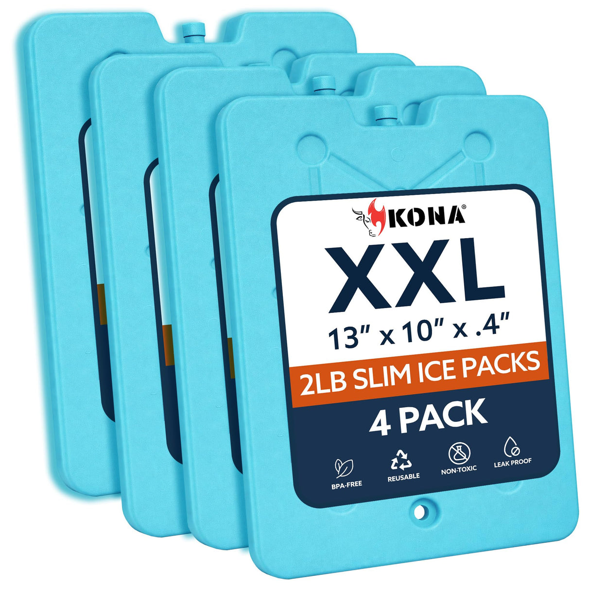 Kona XXL Ice Packs for Coolers – 2 lb Reusable Slim Freezer Pack, Long-Lasting Dry Ice Alternative for Cooler Bags, 13x10 Inch, Fast Freeze (-5°C), 4 Pack