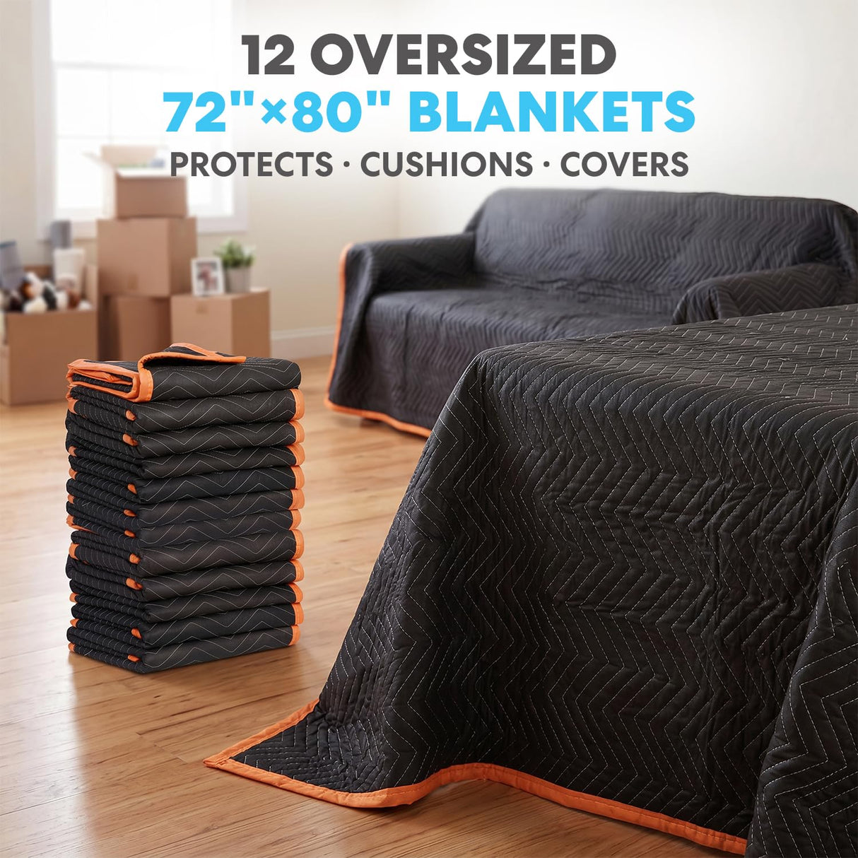 SIMPLI-MAGIC 79523 Heavy Duty Padded Moving Blankets, Black/Orange, 72” x 80”, 12 Pack