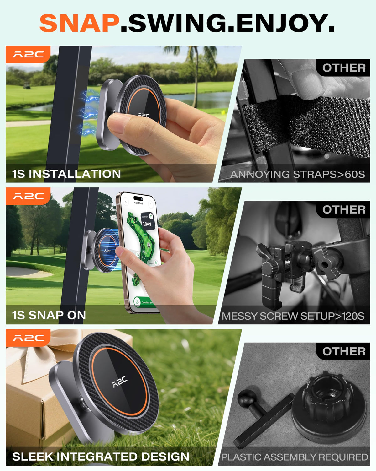 A2C Alloy Magnetic Golf Cart Phone Holder, Unique Golf Accessories for Men