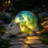 Solar Garden Outdoor Statue, Resin Cat Statues with Crackled Glass Globe