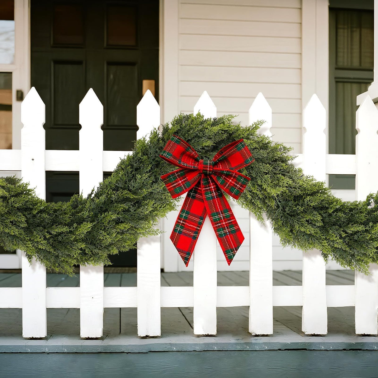 Christmas Cedar Garland - 9ft Artificial Cedar Garland Faux Lush Green Fake Pine Needles for Fireplace,Table,Window,Stairs,Mante,Holiday Indoor Outdoor Xmas Decor(2PCS)