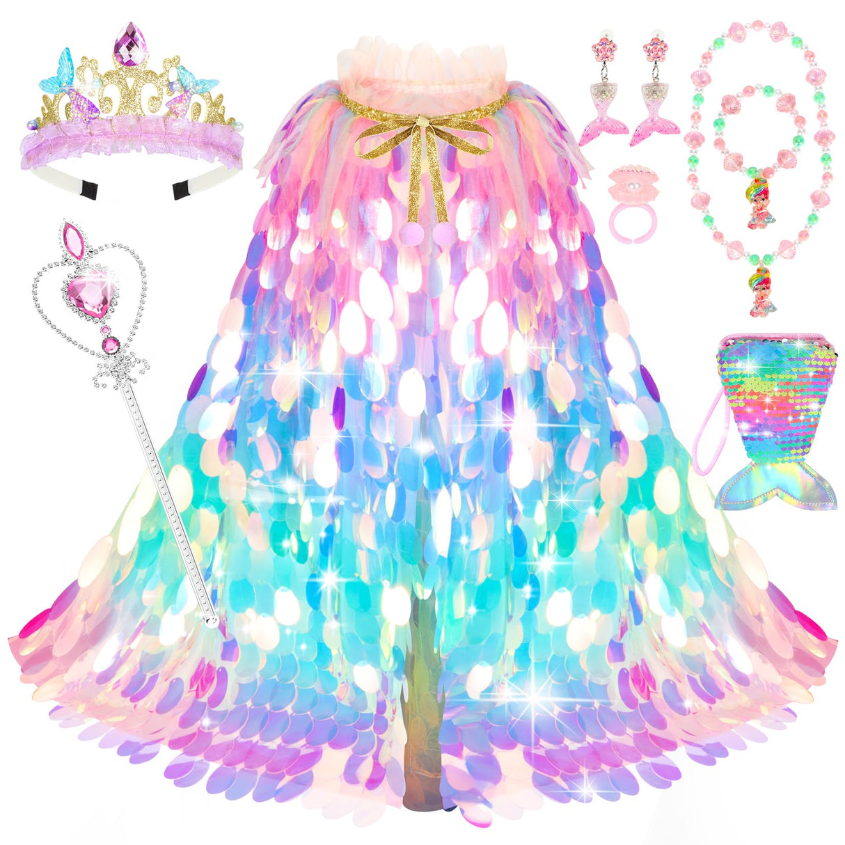 Princess Dress Up Toys Princess Dress Up Clothes Rainbow Mermaid Cape Kit 9 Pcs Gift Set for Little Girls 3-8 Years Old, Great Gift Set for Birthday Christmas Halloween (Rainbow Multi-Color)