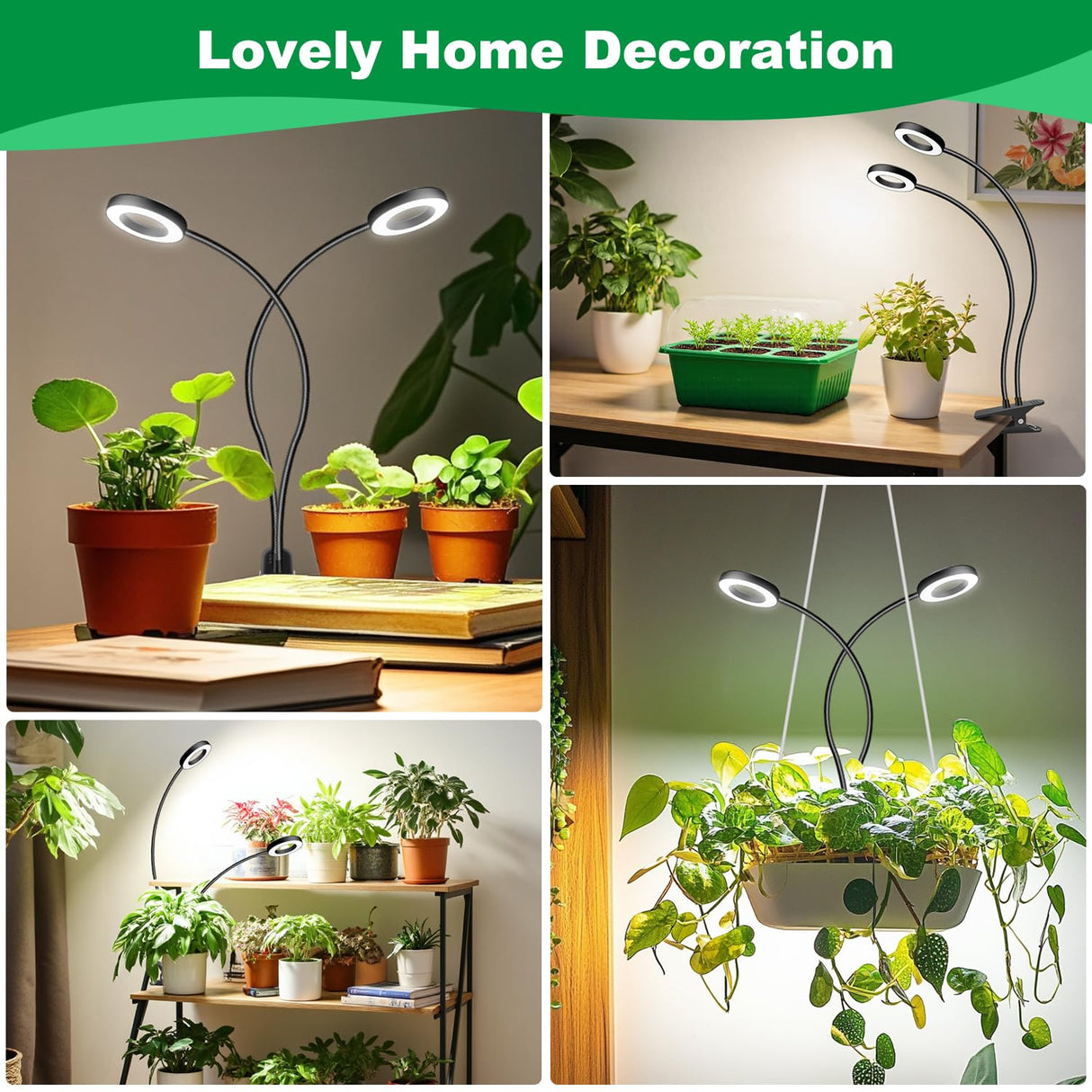Eurbolan Plant Lights for Indoor Growing,2 in 1 Halo Grow Light with Clip,192 LED Full Spectrum Clip On Plant Grow Lights with 360°gooseneck,3 Spectrum Modes, 6/12/16Hrs Auto Time&5 Brightness 2 Pack