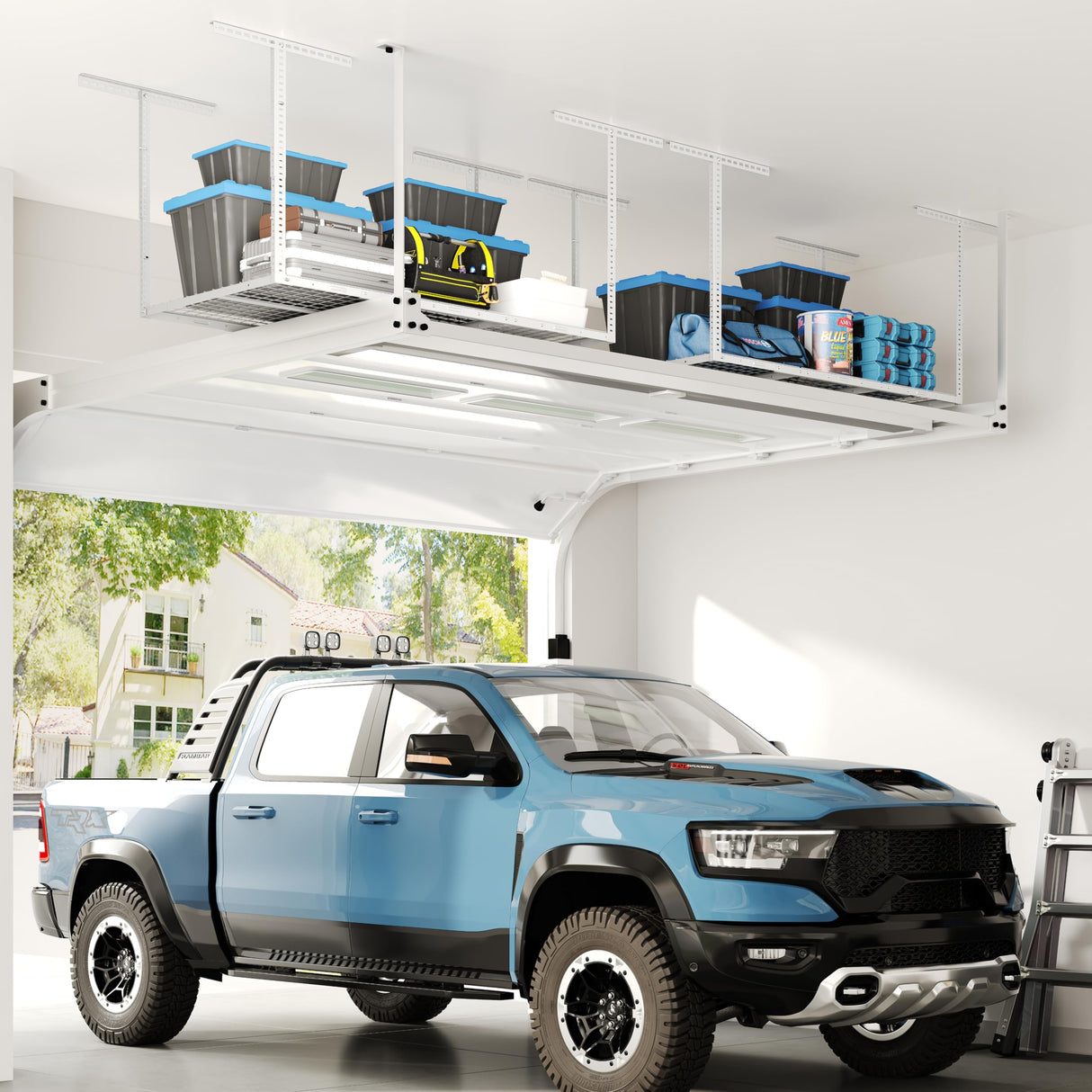 FLEXIMOUNTS 3x6 Overhead Garage Storage Adjustable Ceiling Rack 72" Length x 36" Width x 40" Height, 450lbs Weight Capacity, White, Classic Series