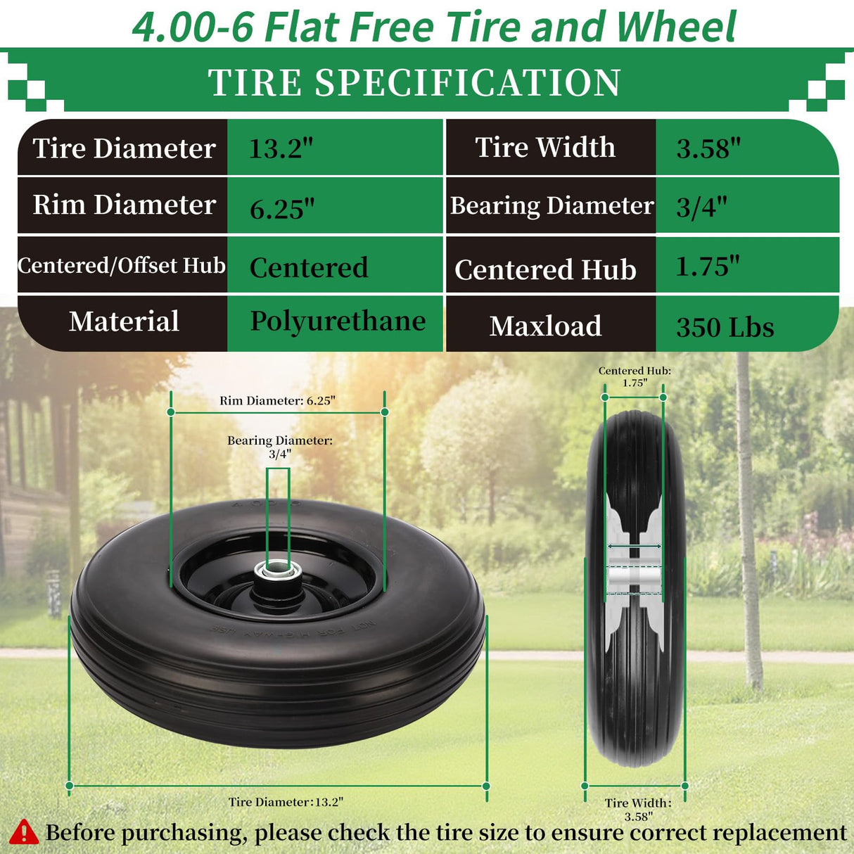 4.00-6 Flat Free Tire and Wheel, 13" Solid Wheelbarrow Tires, Adapter Kit