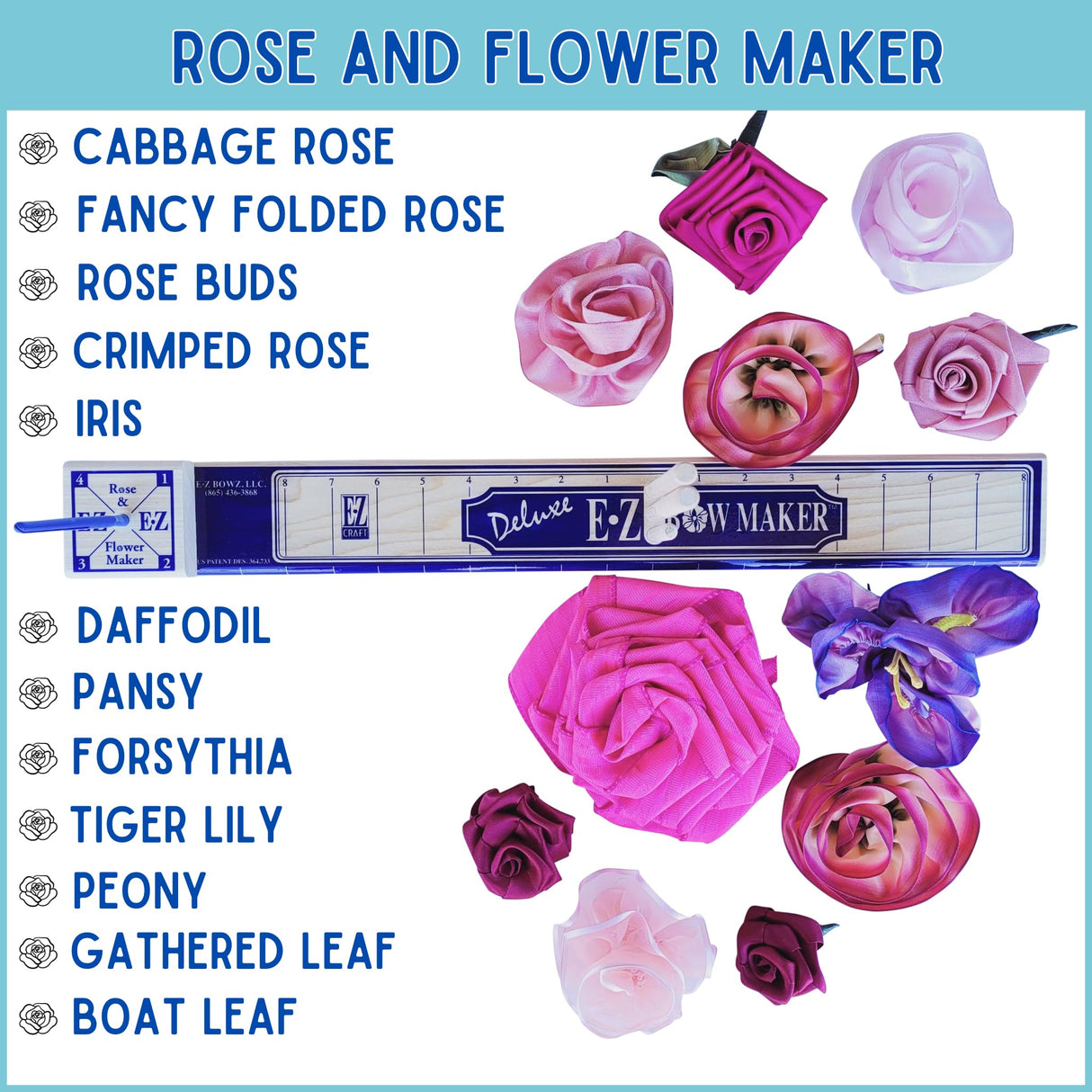 EZ Bow Maker with Rose and Flower Maker Attachment - Easy Bow and Flower Maker Tool Kit for Ribbon, Crafts, Wreaths, Gift Bows, Hair Bows, Flowers, Roses, Christmas Decor Bowmaking, Weddings