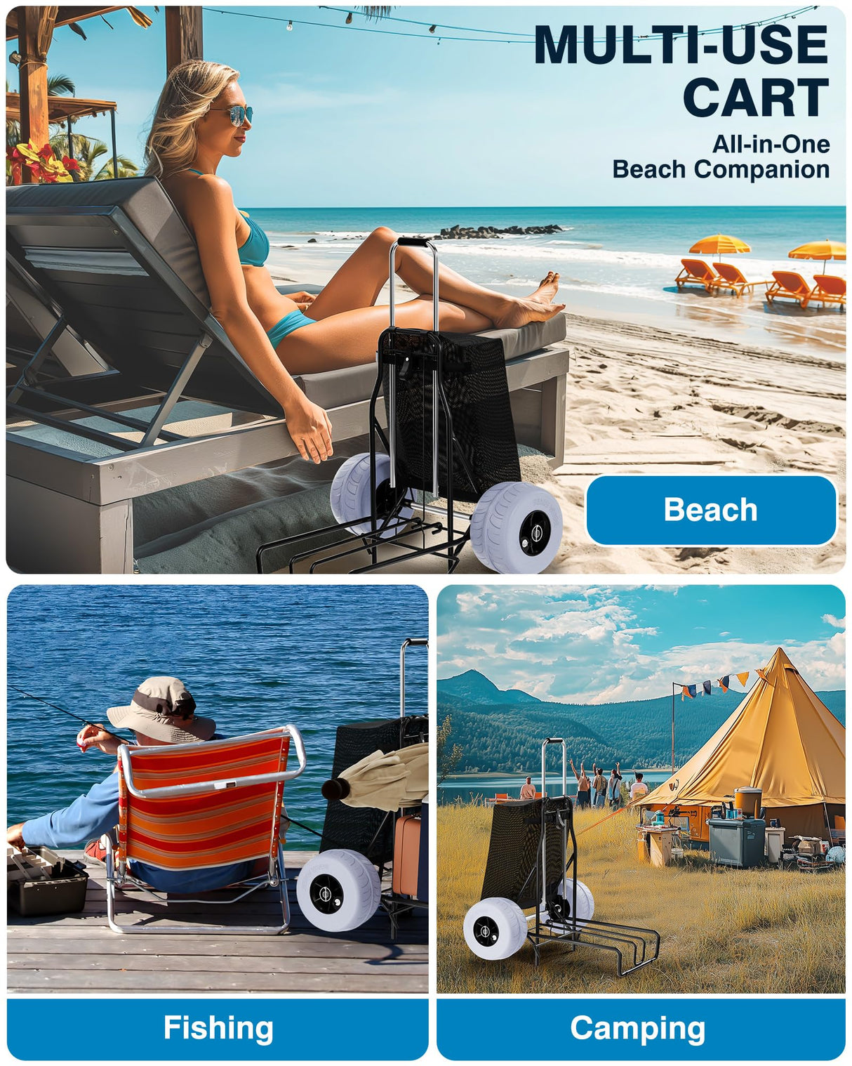 PYY Beach Cart for Sand - Foldable Wagon Dolly Buggy with Big Large Balloon Wheels, 200 LBS Capacity, 9" Rolling Tires, Collapsible Storage Bag for Outdoor Camping Shopping Fishing Gray