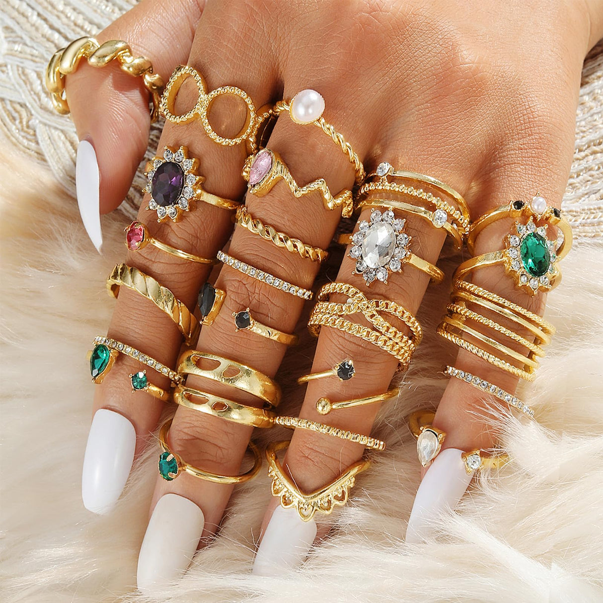 IFKM Gold Jewelry Set For Women, 14k Gold Plated Multi Layer Necklaces Bracelets Stackable Knuckle Rings Hoop Earrings set, Trendy Elegance Charms Non Tarnish Minimalist Textured Boho Jewelry Gift