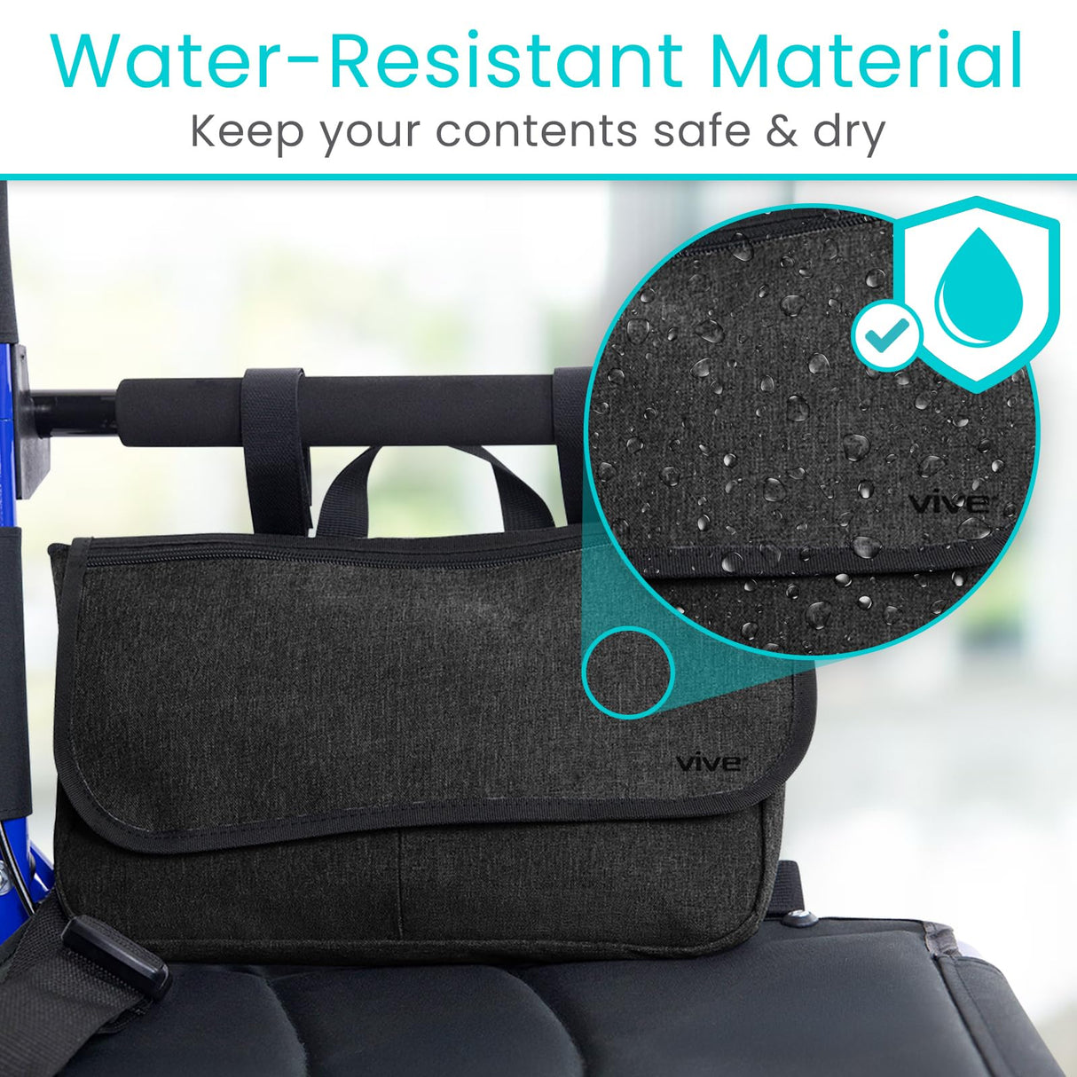 Vive Wheelchair Carry Bag - Arm Rest Pouch for Rollator, Walkers, Power Wheel Chairs and Knee Scooters - Side Storage Organizer for Elderly, Seniors, Adults (Black)