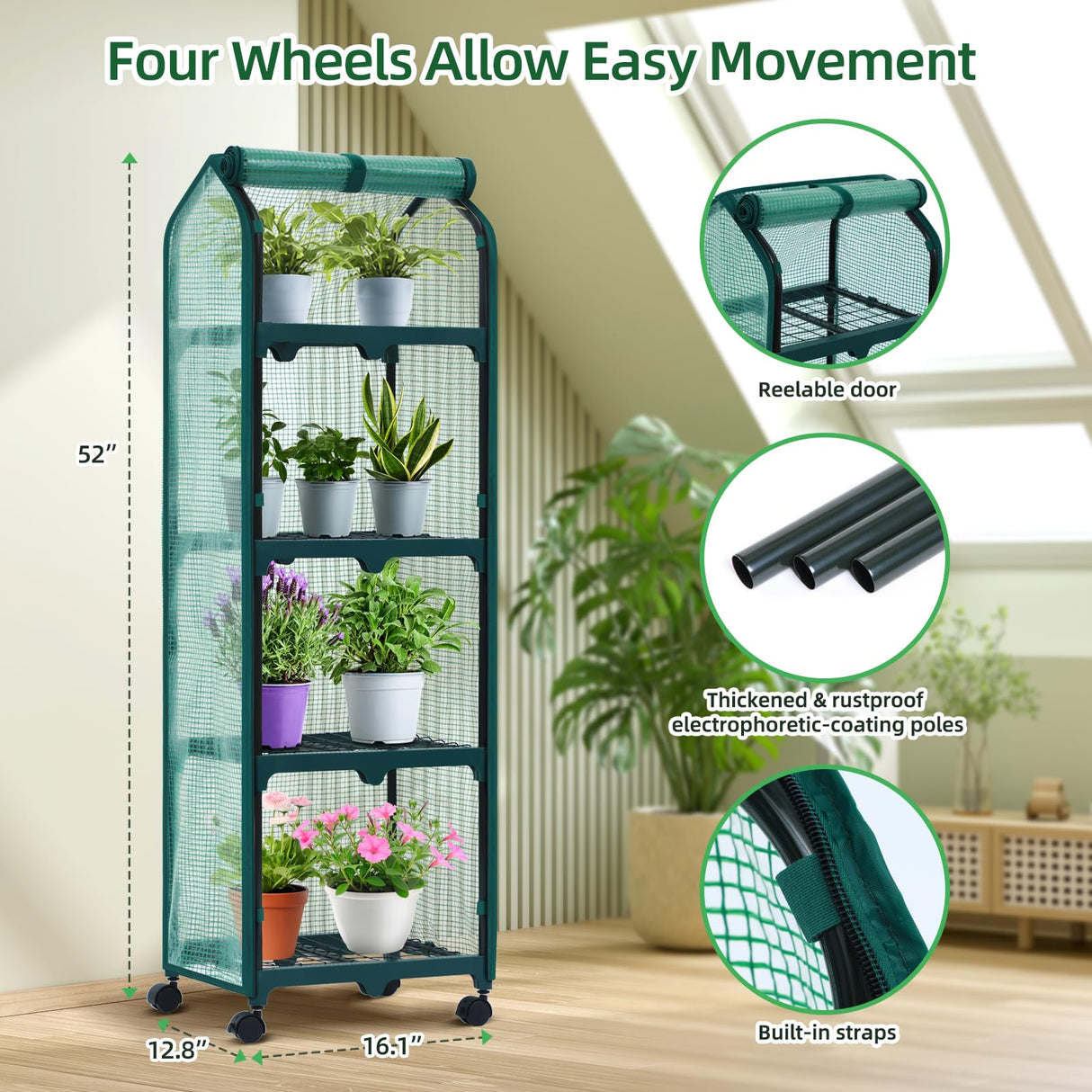 Ohuhu Mini Greenhouse for Indoor Outdoor, Small Plastic Plant Green House with Locking Wheels Portable Greenhouses with Durable Cover for Seedling, Ideal Gardening Gifts for Women Men Green