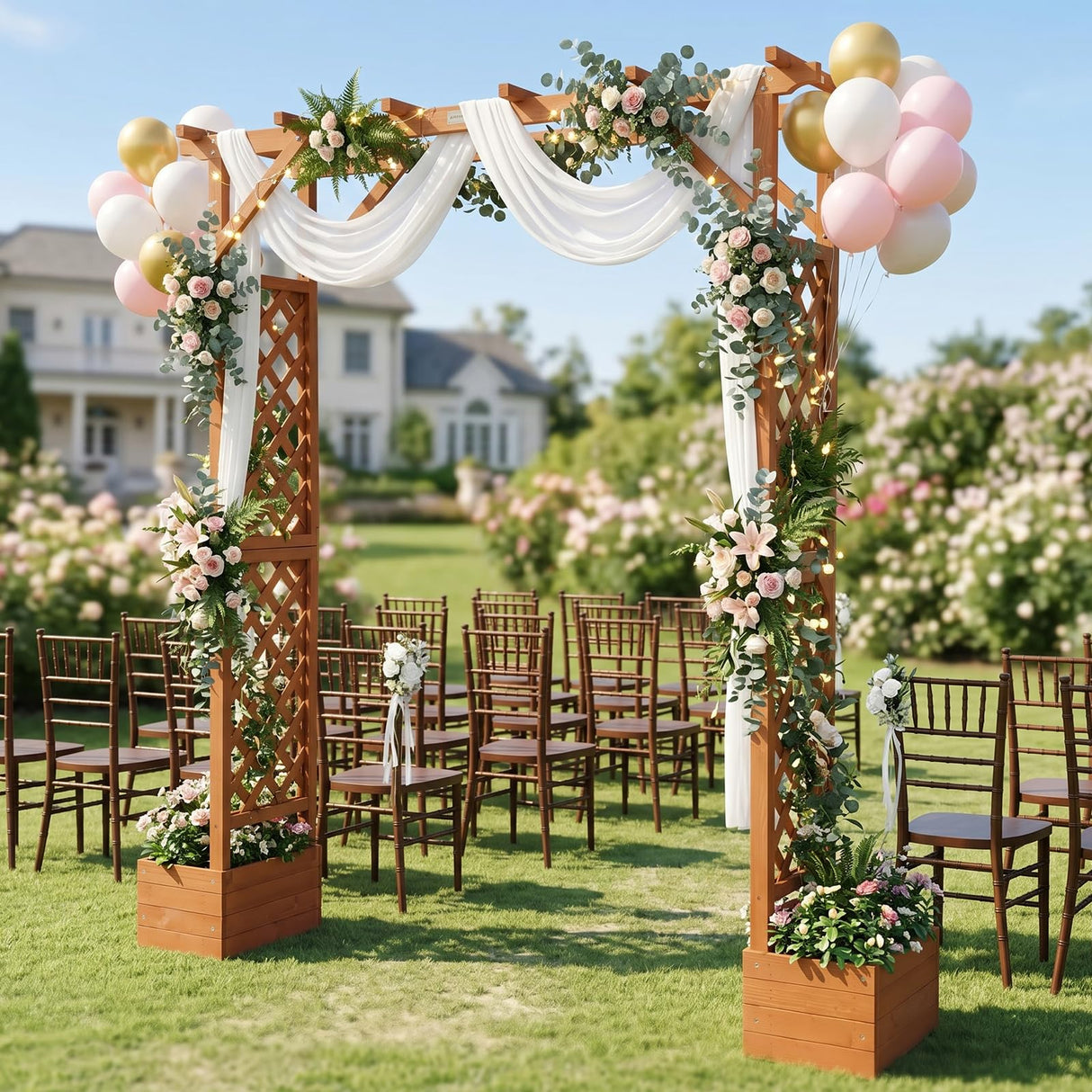 VINGLI Wooden Garden Arbor with Planter, Wedding Arch for Ceremony, Wood Garden Arbour Trellis for Plant Climbing, Pergola for Garden Backyard, Lawn, Outdoor (Golden Brown)