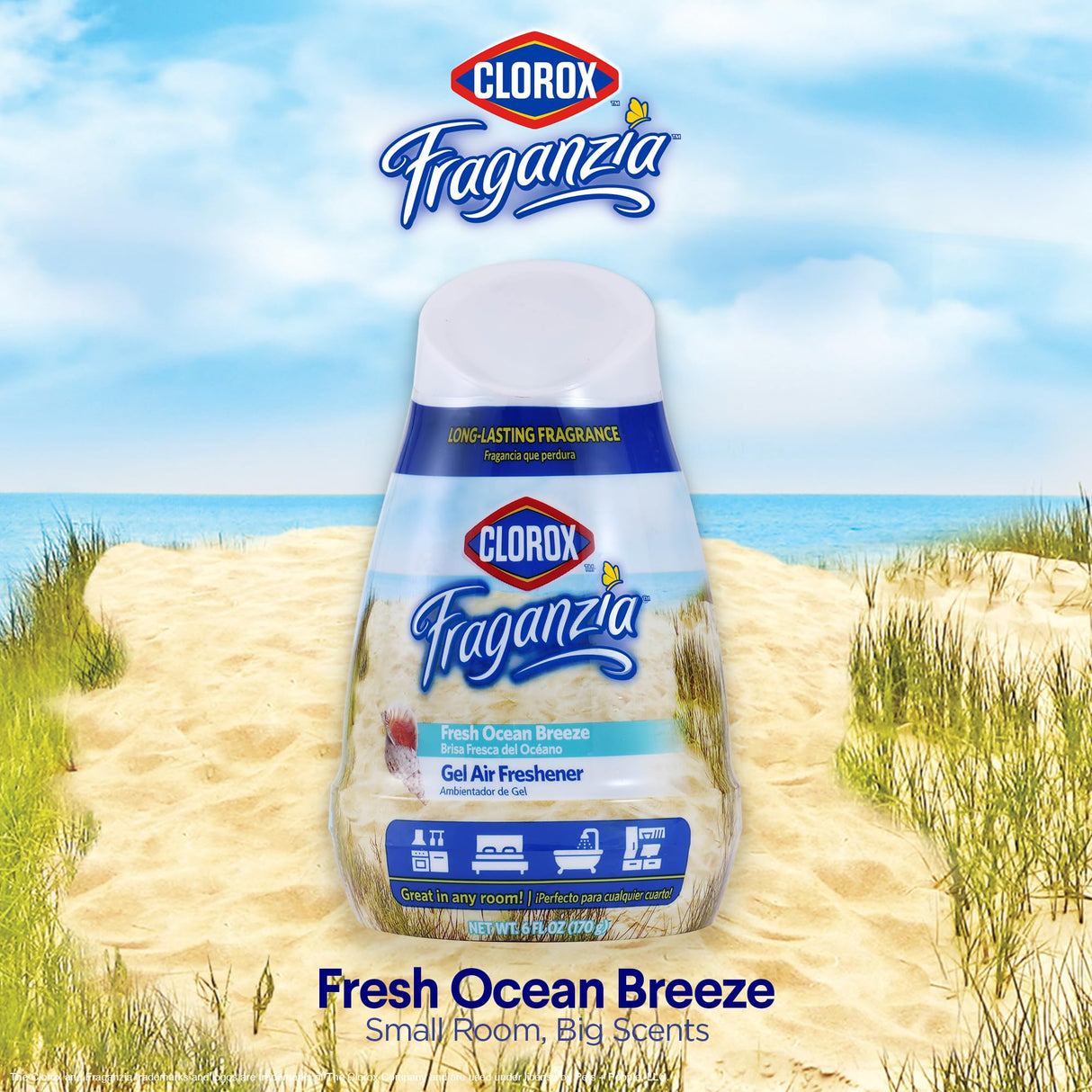 Clorox Fraganzia Cone Gel Air Freshener, Twist Open Adjustable Solid Air Deodorizer for Small Indoor Spaces, Continuous Fresh Ocean Breeze Scent for Bathroom Office Closet Odor Control, 6 Oz - 12 Pack