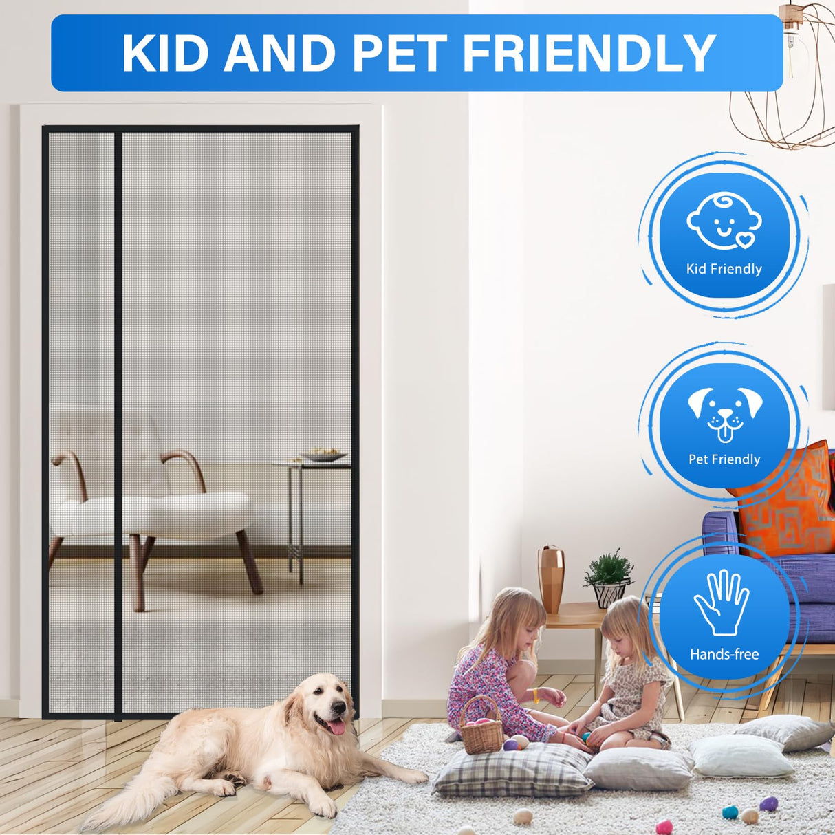 LONGEAS Magnetic Screen Door Mesh Left Right Side Opening Upgraded PET Material Mesh Stronger Than Fiberglass and Polyester,Keep Bugs Out,Pet & Kid Friendly Screen Size 74'' X 82''