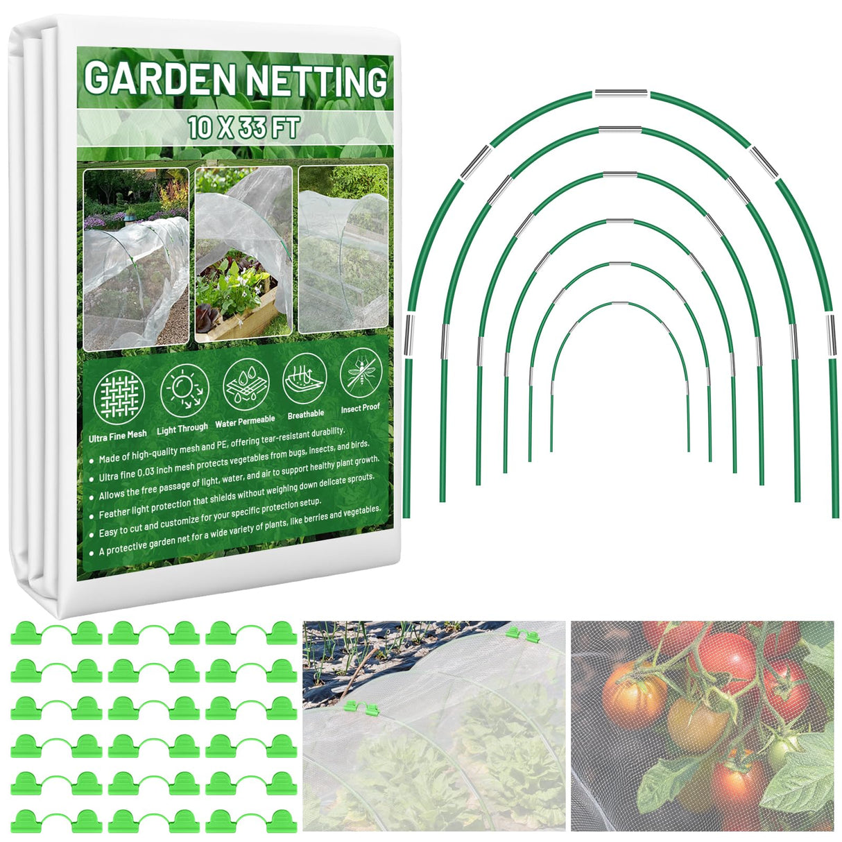 Sunwinx Garden Mesh Netting Kit for Raised Beds, 10x33FT Ultra Fine Mesh Netting&6 Sets 8FT Fiberglass Garden Hoops, Insect Netting Row Cover, Pest Barrier Protection for Vegetable Fruits Flowers